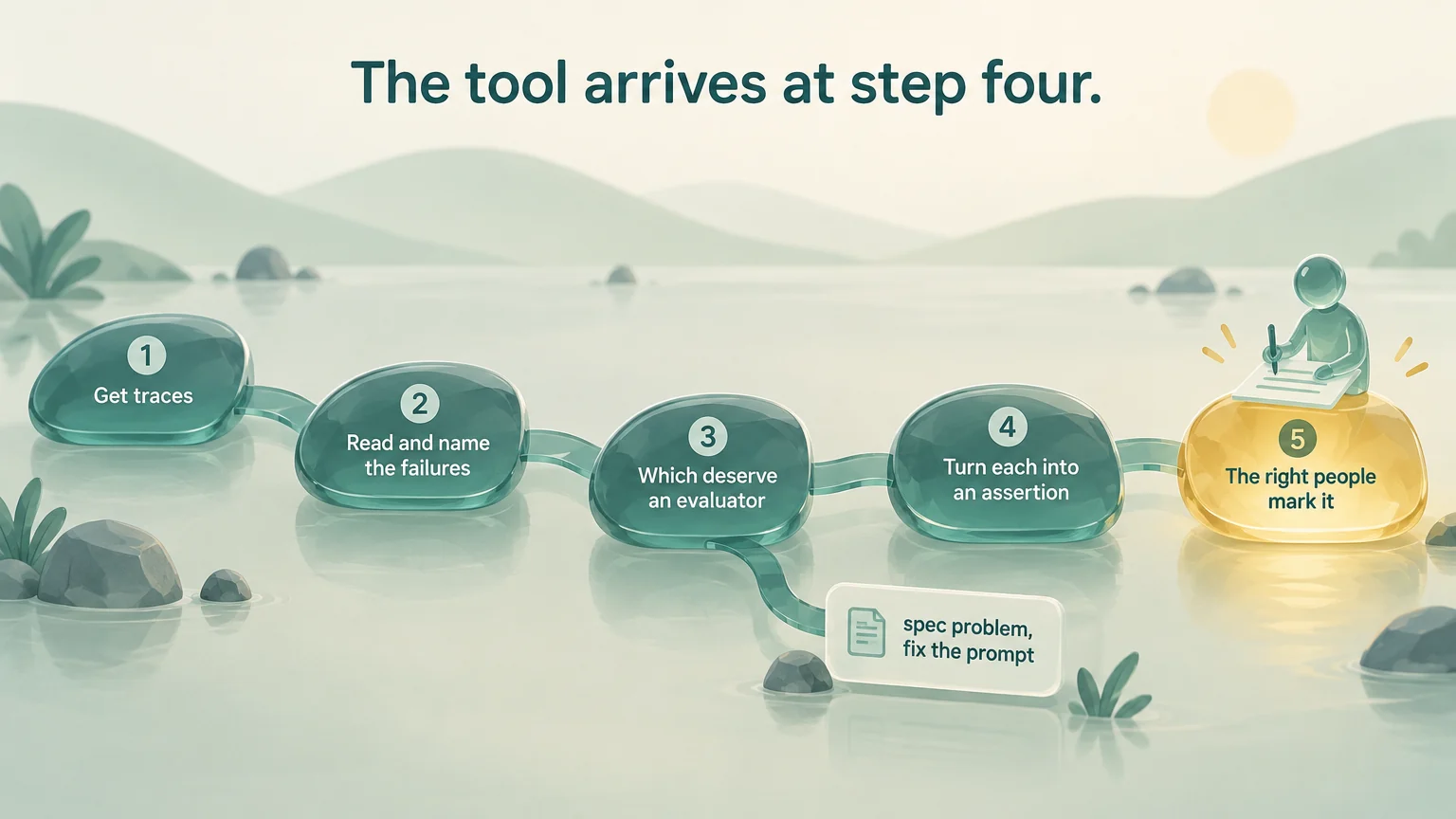 Five steps in order: get traces, read them and name the failures, decide which deserve an evaluator, turn each into an assertion, have the right people mark it. At the third step the path forks, with one branch leading to a card that reads: spec problem, fix the prompt.