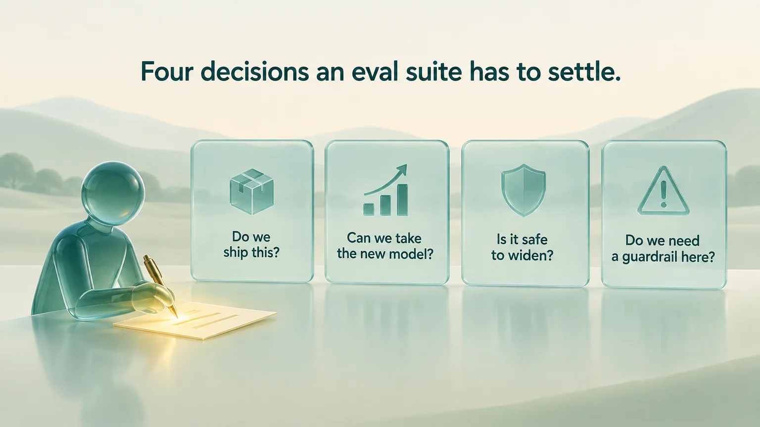 Four translucent cards, each carrying one question an eval suite has to answer: Do we ship this? Can we take the new model? Is it safe to widen? Do we need a guardrail here? A small figure stands in front of them with a pen.