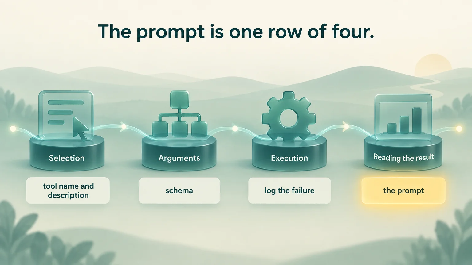 Four stages of one tool call laid out left to right: selection, arguments, execution, reading the result. Under each, where the fix usually is: the tool's name and description, a schema, logging the failure, the prompt. The prompt is marked as one of four.