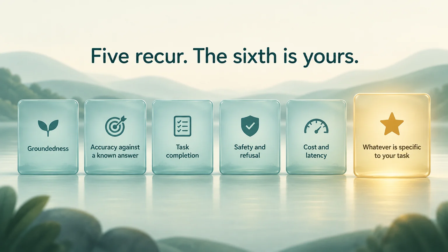 Six dimensions of an eval laid out as six translucent cards: groundedness, accuracy against a known answer, task completion, safety and refusal, cost and latency, and a sixth, glowing gold, labelled whatever is specific to your task.