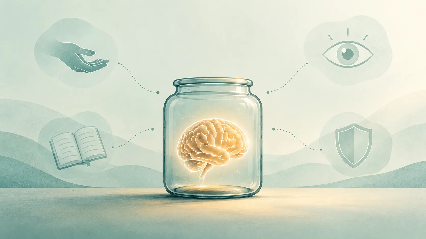 A glowing brain alone in a glass jar, with faded icons of a hand, an eye, a notebook and a shield out of its reach