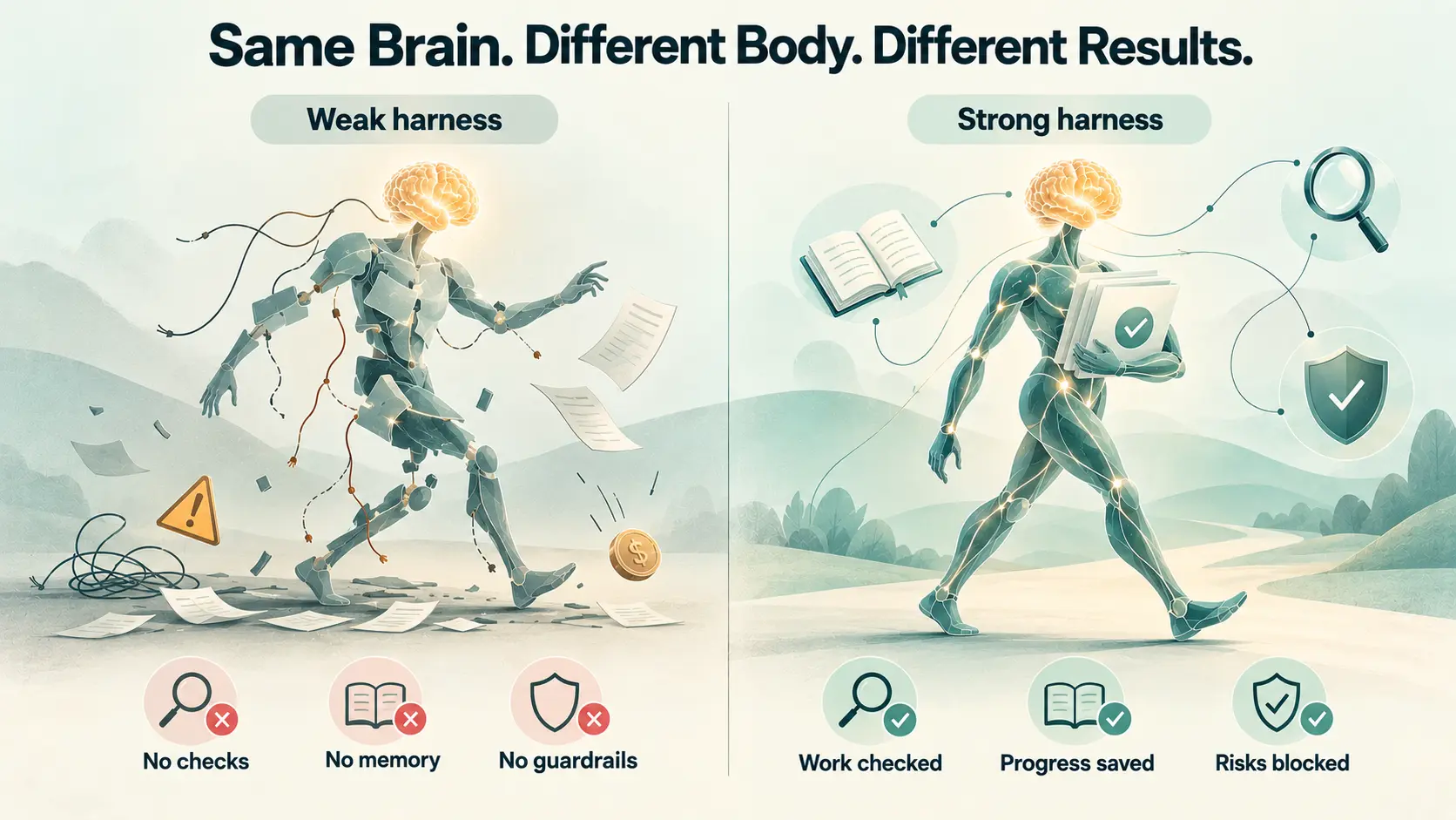 Two figures with the same glowing brain side by side: on the left a weak harness falling apart with no checks, no memory and no guardrails; on the right a strong harness walking steadily with work checked, progress saved and risks blocked