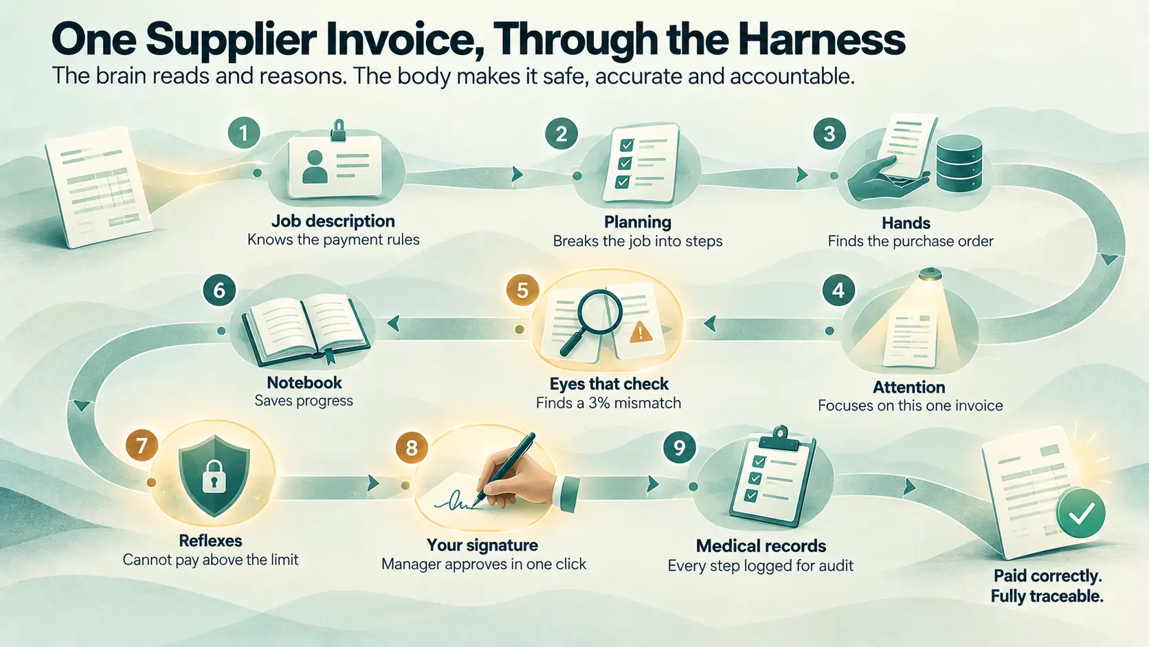 A winding path of nine numbered steps taking a supplier invoice through the harness, from job description and planning to eyes that check finding a 3% mismatch, reflexes blocking payment above the limit, a manager approving in one click, and every step logged for audit, ending with the invoice paid correctly and fully traceable